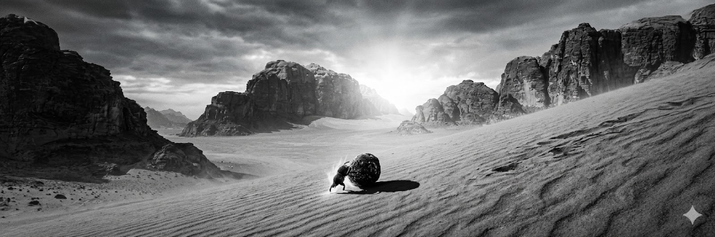 Lone dung beetle pushing a ball up a steep desert dune
